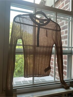 GAP Sheer Ribbed Long-Sleeve Top in Brown with Dark Trim